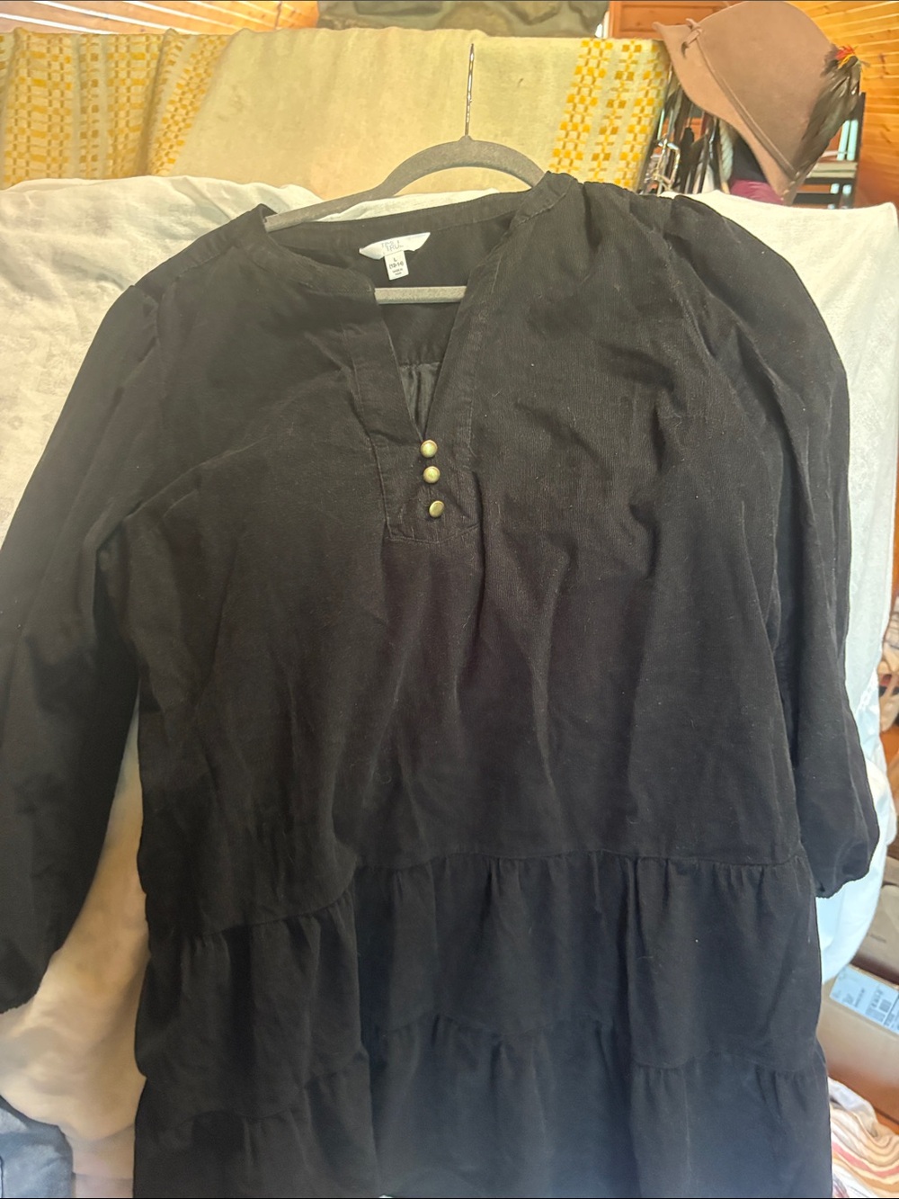 Time and Tru Black Corduroy Button-up Tiered Ballon Sleeved Dress NWOT